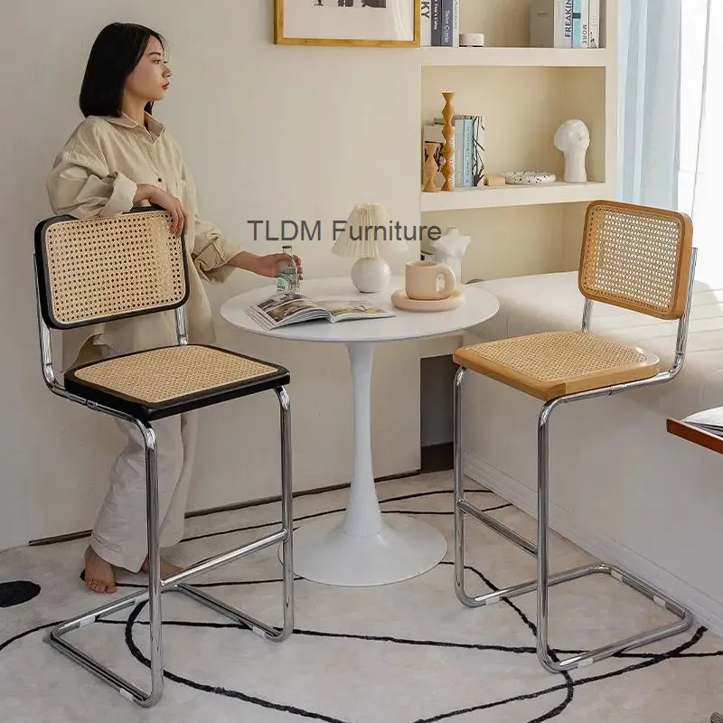 

Nordic Solid Wood Rattan Bar Chair Home High Stool Simple Retro Bar Chair Front Desk High Chair Furniture