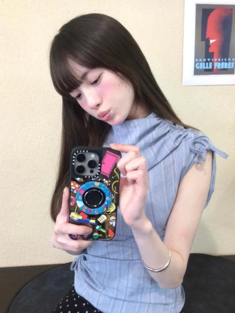 

Trendy Striped Bandage Waist Y2k Shirt Women Summer Half High Collar Slim Chic Tops Spicy Girl Gothic Design Blouse Ins