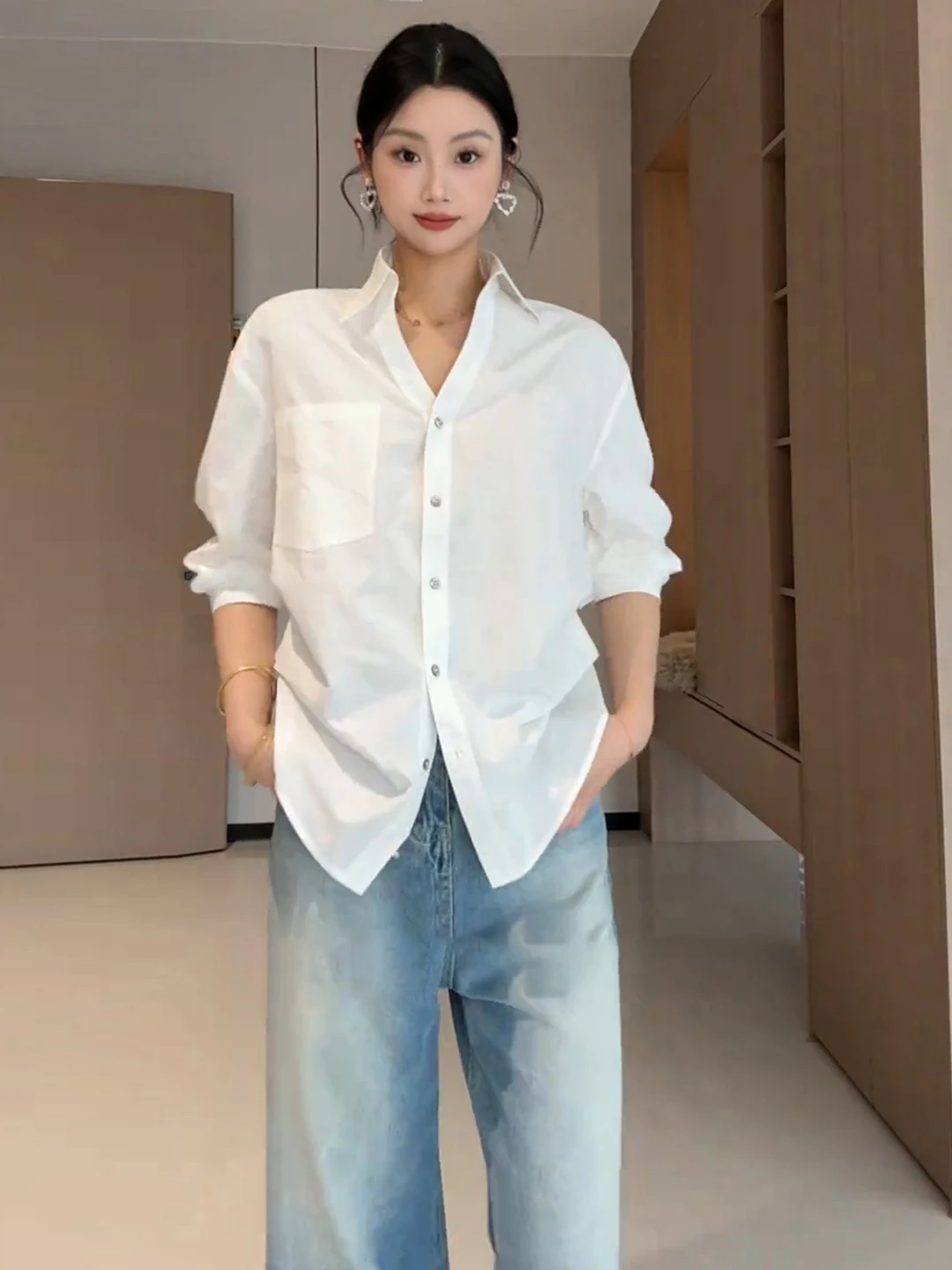 

Женская блузка с воротником и длинными рукавами, весенняя, с плиссировкой и утяжкой на талии, рукава три четверти, в корейском стиле, для офиса и повседневной носки