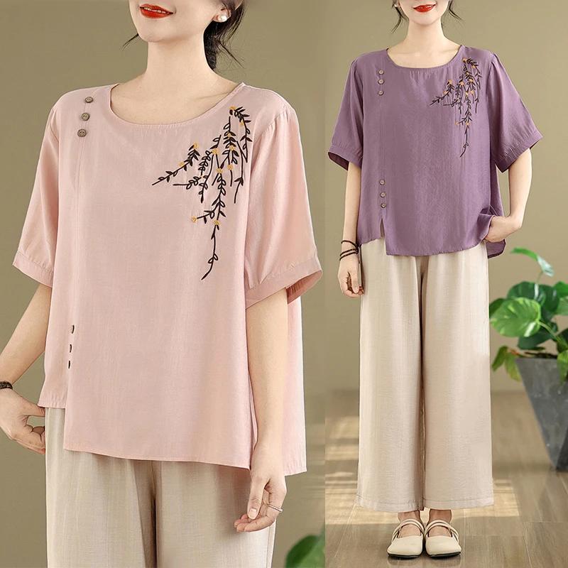 

plus Size Cotton Linen Embroidered Loose Fit Summer Vintage Women's Top And Wide Leg Pants Set Comfortable Breathable Faion