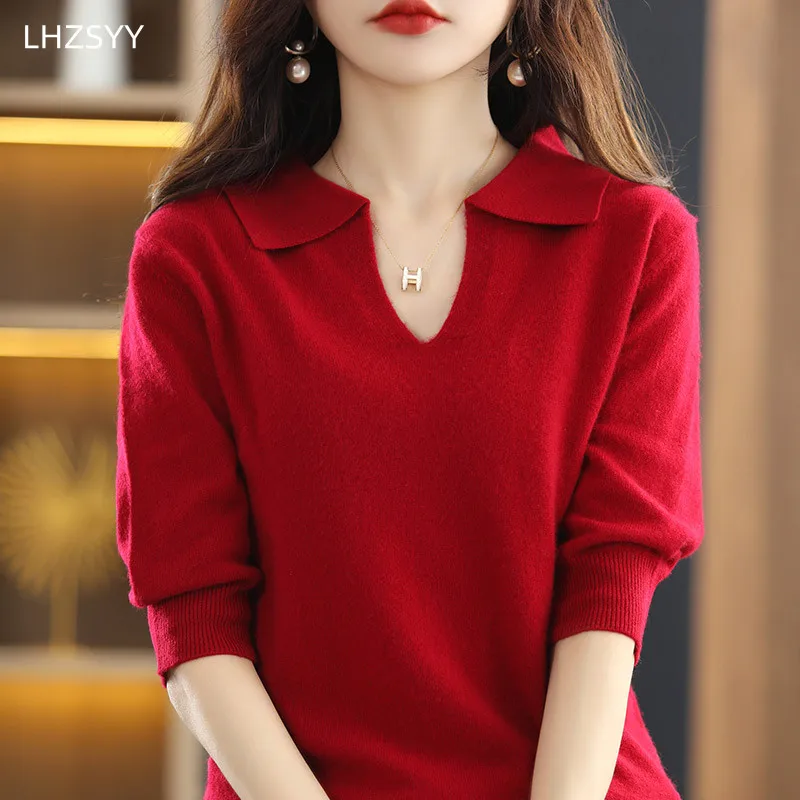 2024 Spring New Cashmere Sweater Women\'s T-Shirt 100% Pure Wool Knitted Sweater Loose lapel Top Thin Pullover Short-Sleeve Trend