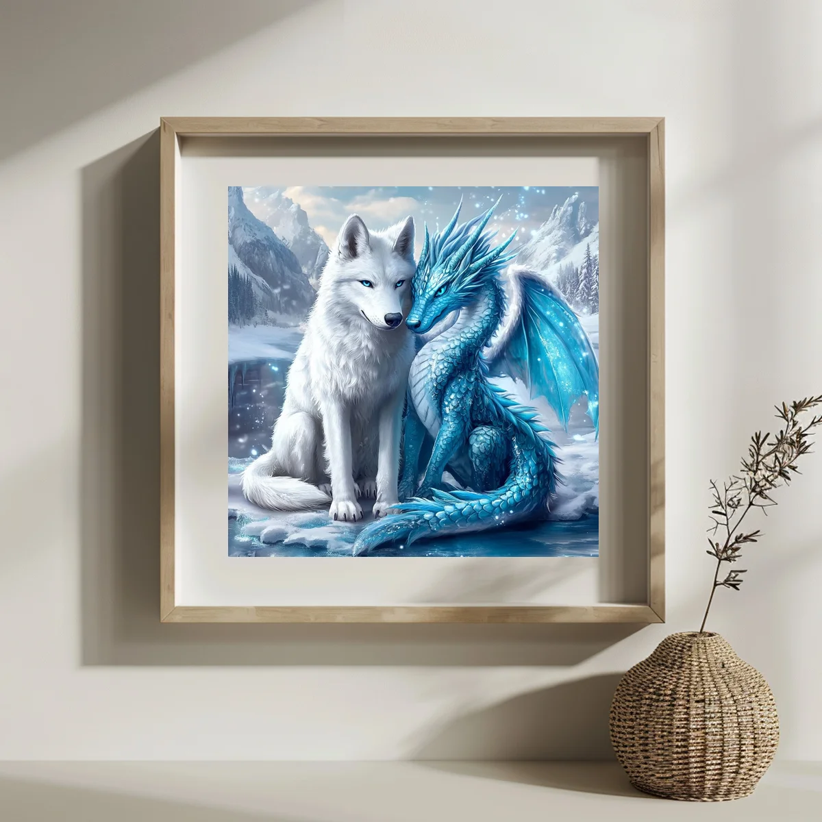 1 Stück 30x30 cm/11,8 Zoll, 11Ct/14Ct Kreuzstich-Set, DIY Valentinstagsgeschenk, Stickerei-Set für Festlichkeiten, Weißer Wolf und Eisdrache – Detail 2