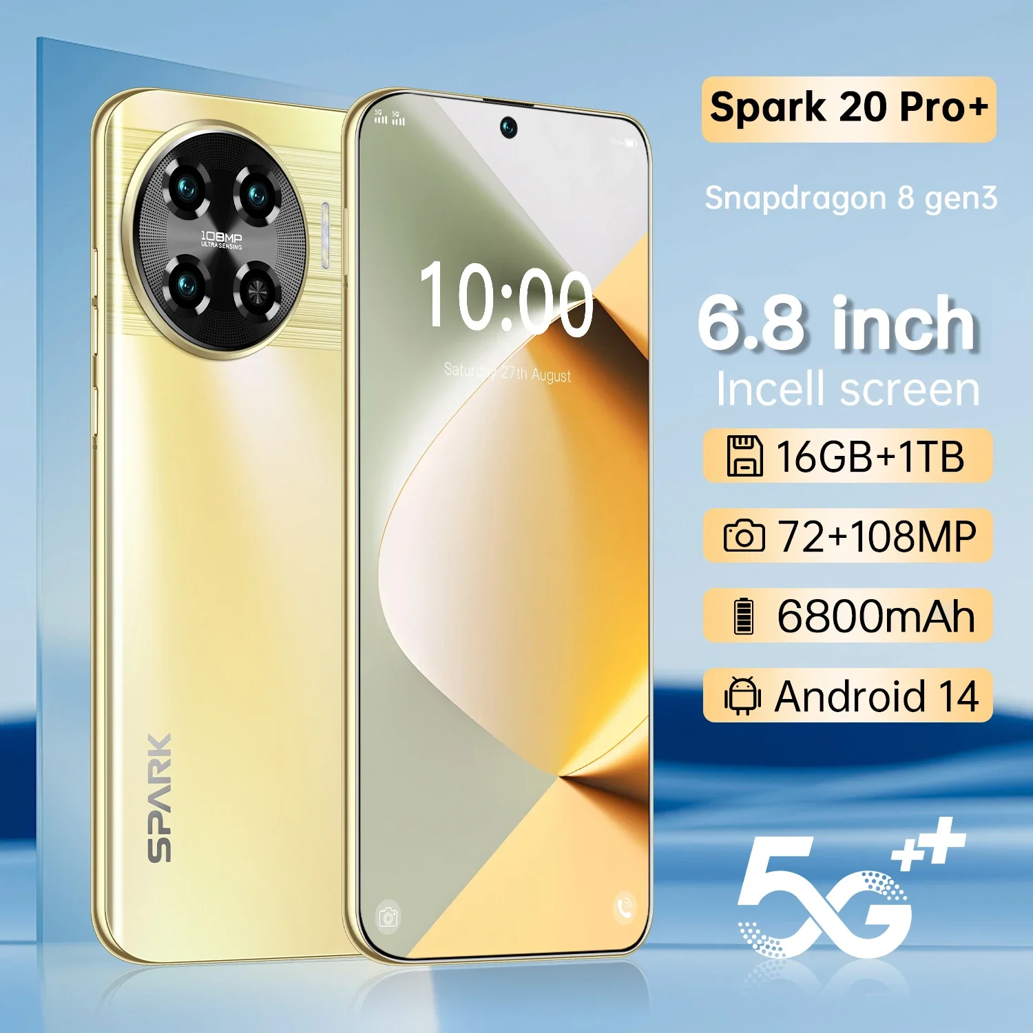 

НОВЫЙ смартфон 2024 Spark 20 pro+, 6,8 дюйма, 16G + 1T, 72MP + 108MP, Android-мобильные телефоны, разблокированные, Celular, 6800 мАч, сетевой мобильный телефон 5G