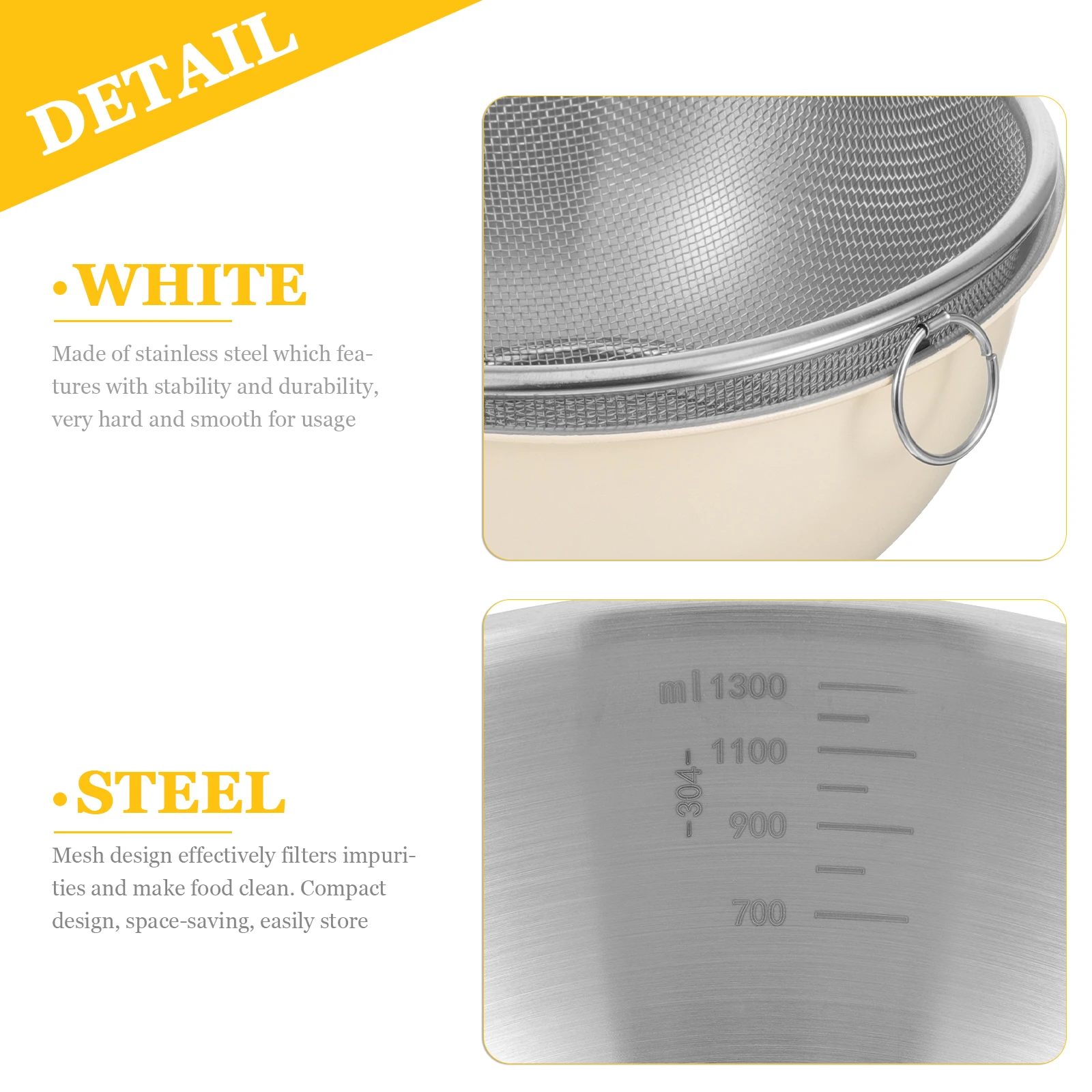 

1 set Stainless Steel Mesh Strainer Basin 19CM White Bowl 18CM Screen Kitchen Tool for Rice Vegetable Fruit Cleaning Drainage