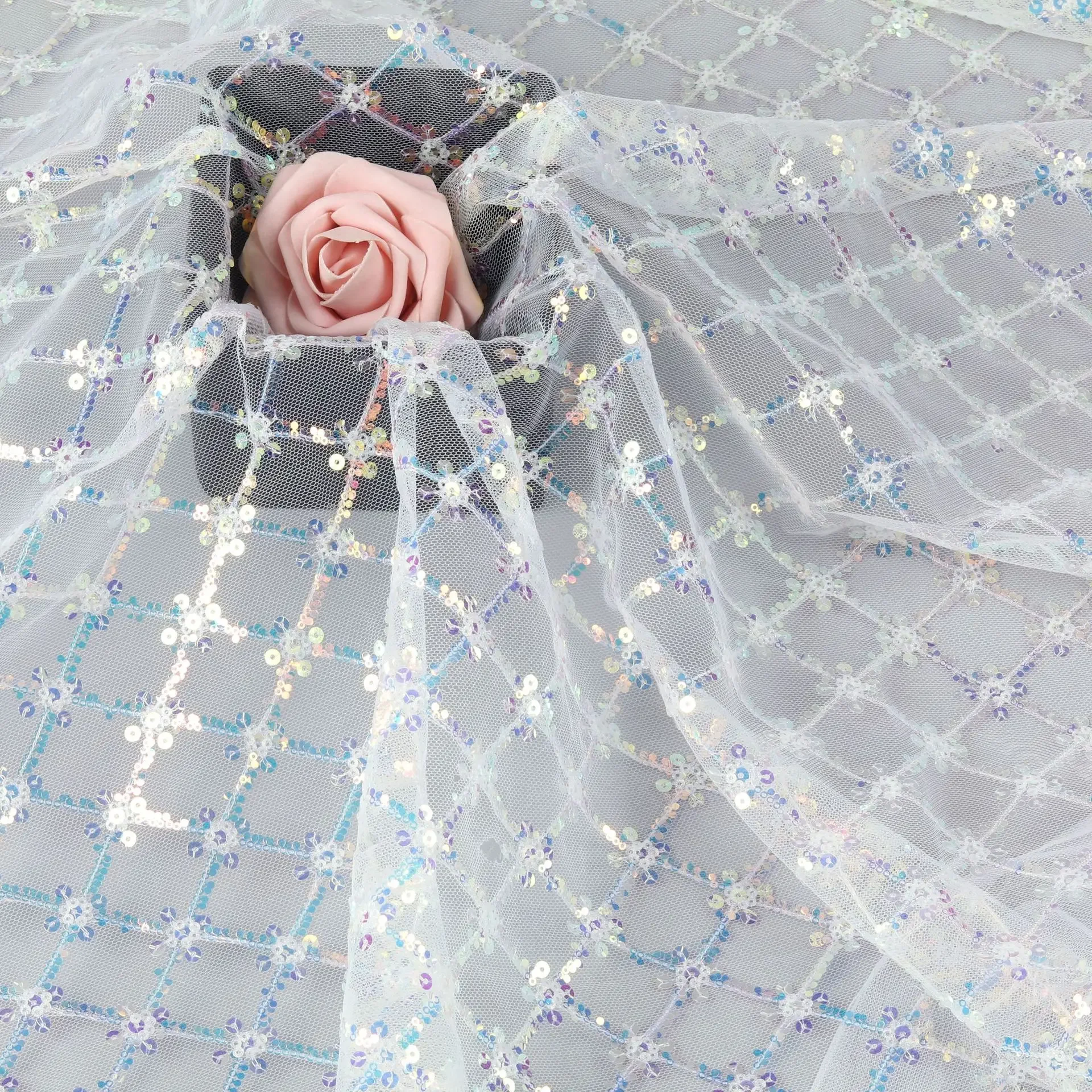 Ultra-flashy plaid laser sequin lace embroidered mesh fabric for dresses, background fabric sewing material