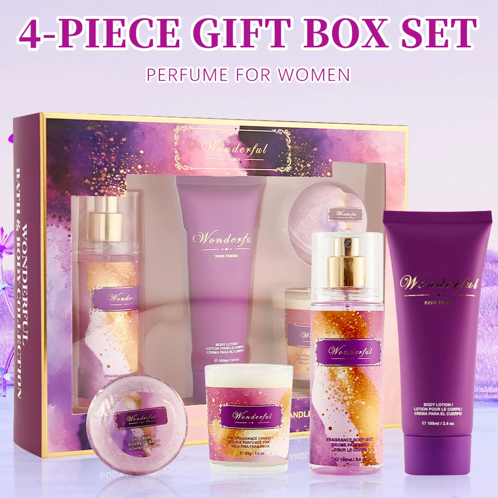 Women's Fragrance Sets 3.4fl.oz Body Mist, 3.4fl.oz Body Lotion, 3oz Candle and 2oz Bath Bomb 4 Pcs WONDERFUL Gift for Women