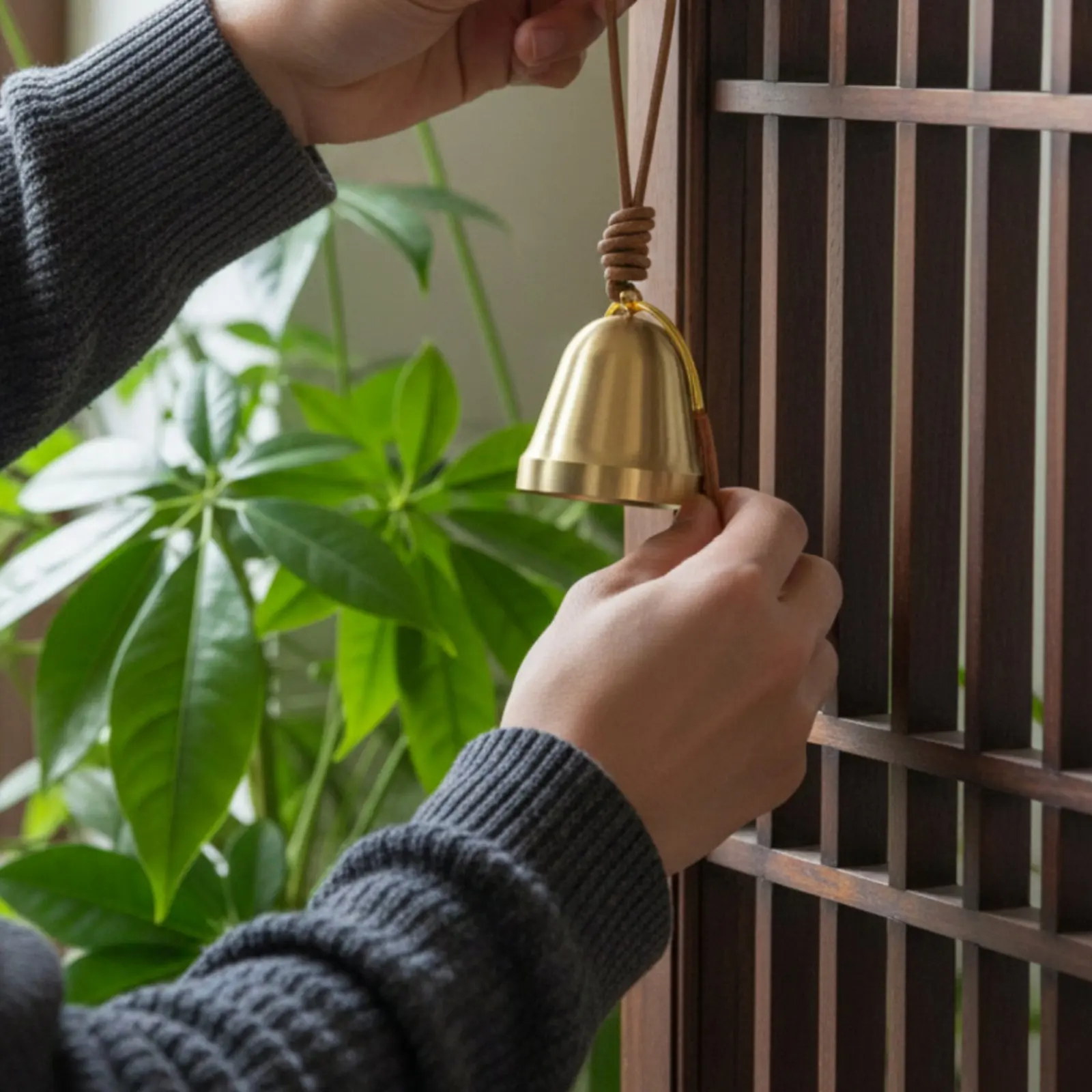 

Brass Bell Ornament Leather Cord Bell Ornament Home Decor Rounded Shape Clear Ringing Sound