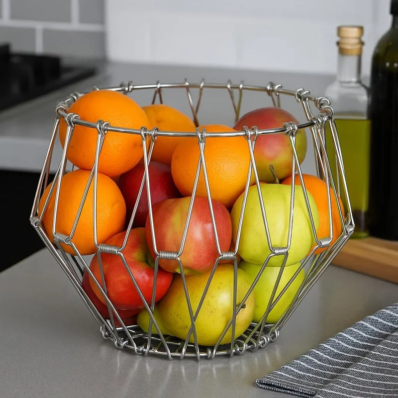 Versatile Stainless Steel Fruit Basket Bowl Deformable Wire Storage for Kitchen Tabletop Living Room Fruit Display Organizer
