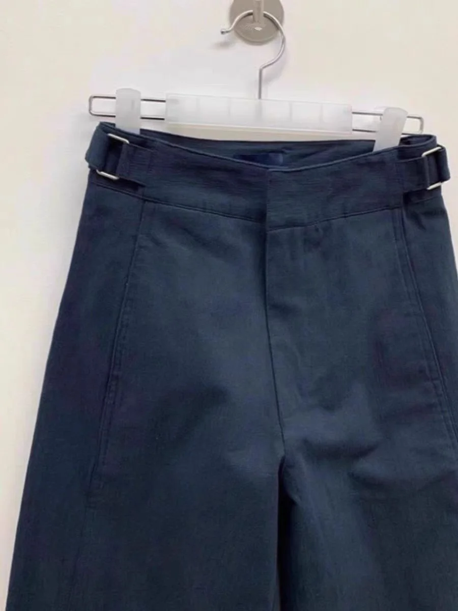 

Женские брюки-костюмки с высокой талией и прямым кроем, синие, для ранней весны, с эффектом утяжки живота, повседневные, дизайнерская модель