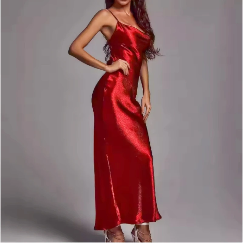 클래식 섹시 스파게티 스트랩 백리스 여름 드레스 여성 골드 새틴 레이스업 롱 드레스 우아한 바디콘 파티 클럽 드레스