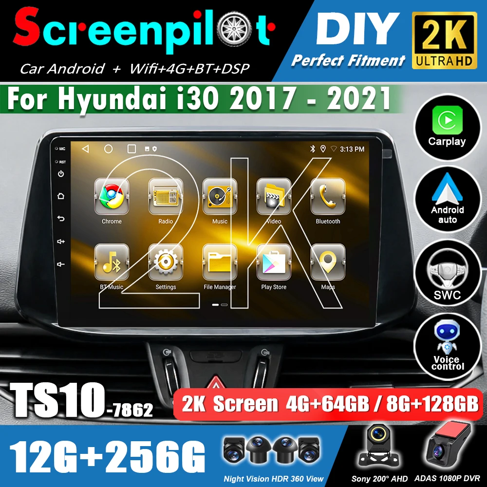 Android16 Auto Car Radio For Hyundai i30 2017 2018 2019 2020 2021 Stereo Multimedia Player 2 din GPS Screen Carplay 2K QLED