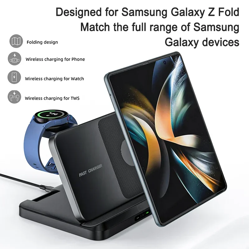 3 in 1 Foldable Wireless Charger Station for Iphone Samsung Z Fold 3 Z Flip4 Galaxy Watch EarBuds Fast Wireless Charging Stand