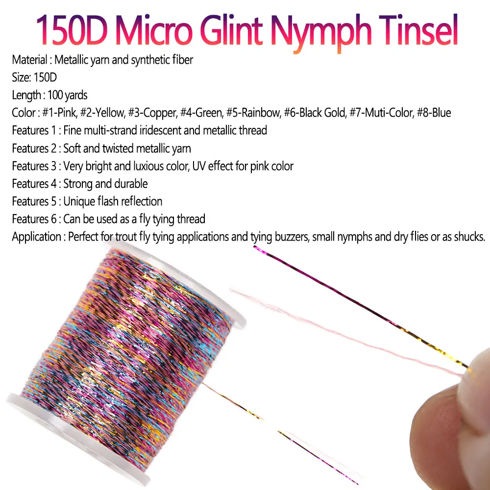 Bimoo 100 Yards 150D Micro Glint Nymph Tinsel Thread Buzzers Small Nymphs Dry Fly Shucks Trout Fishing Lures Fly Tying Material