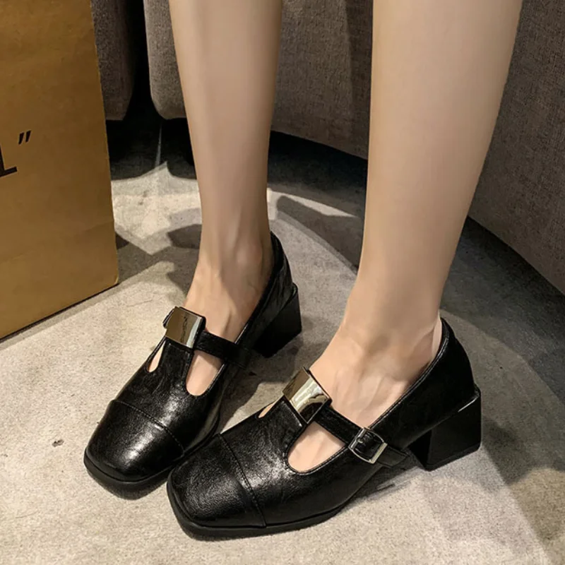 ساحة تو المرأة الضحلة ماري جينس أحذية منتصف الكعب مكتنزة أحذية من الجلد امرأة 2025 الاتجاه الخريف موضة أنيقة Mujer Zapatos #1