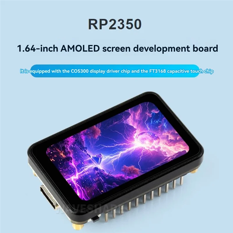 Макетная плата Waveshare RP2350, разрешение 280X456 для Raspberry Pi Pico 2, 1,64 дюйма, AMOLED, закругленный емкостный сенсорный дисплей-