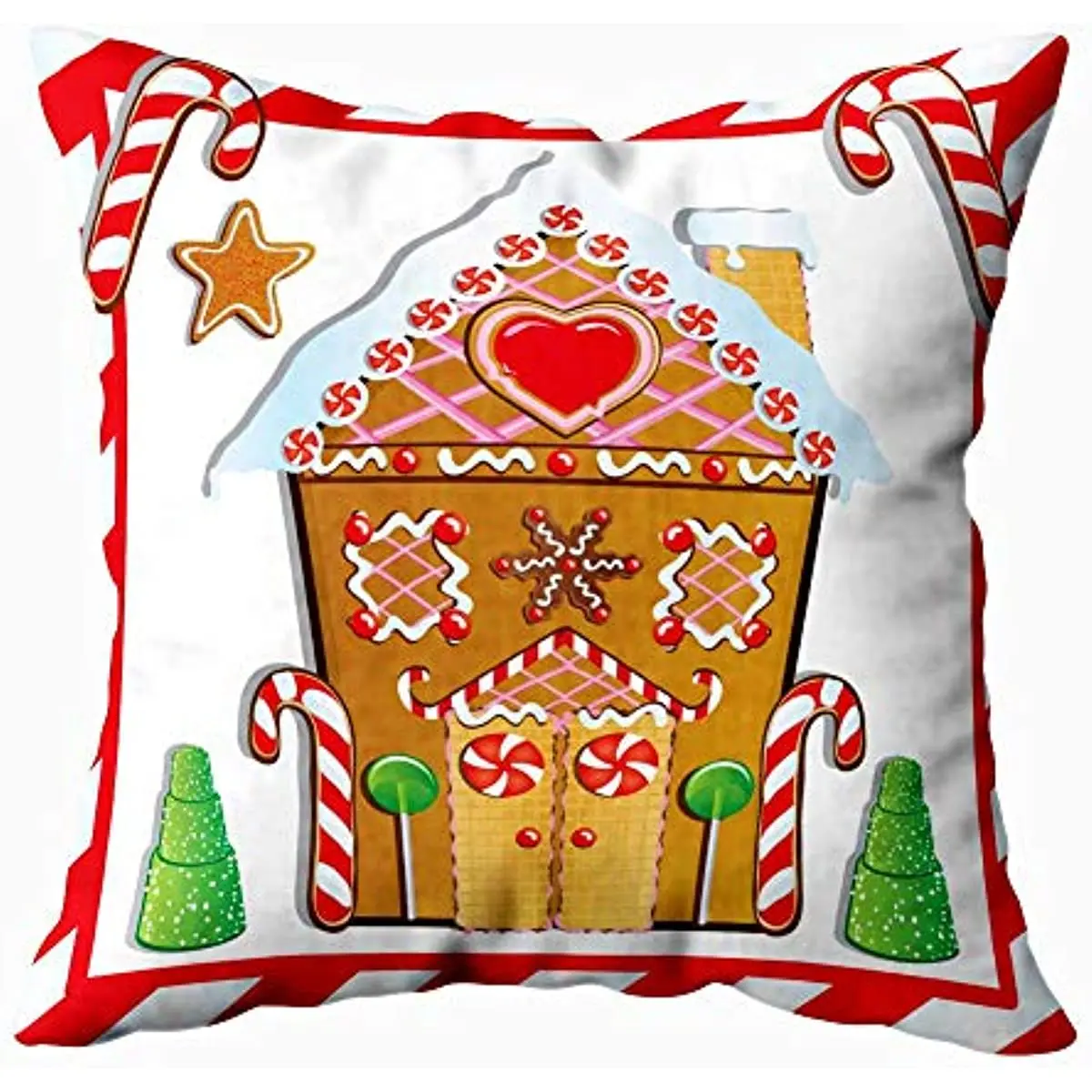 Zippered Covers Pillowcases Throw Pillow Covers Cute Gingerbread House with Trees and Candy Cane Frame for Home Sofa Bedding