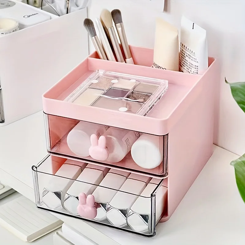 Caja de almacenamiento con mango de conejo y cajón transparente, papelería de escritorio para oficina, cosméticos, pincel para lápiz de cejas, gafas, joyería, 1 ud.