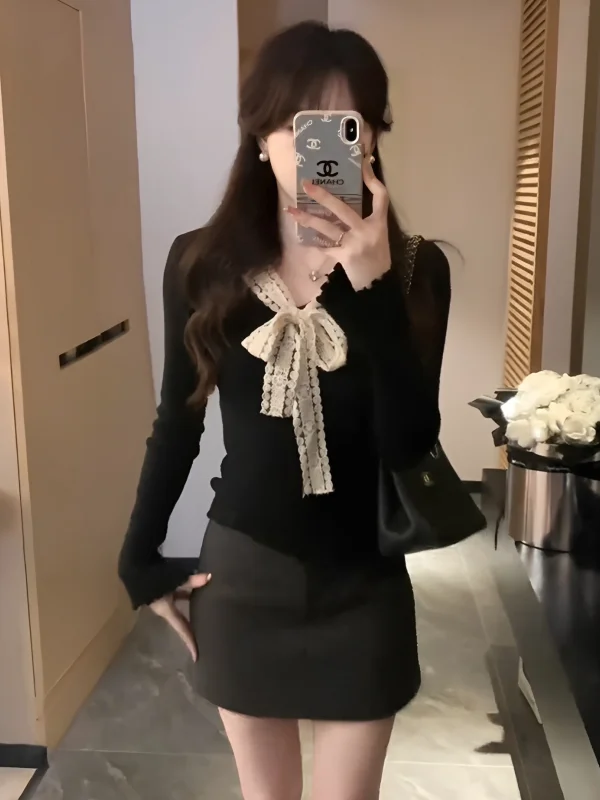 

Женский вязаный свитер с кружевным узлом и V-образным вырезом, облегающий базовый топ с длинным рукавом, мягкий, в корейском стиле, для повседневной носки