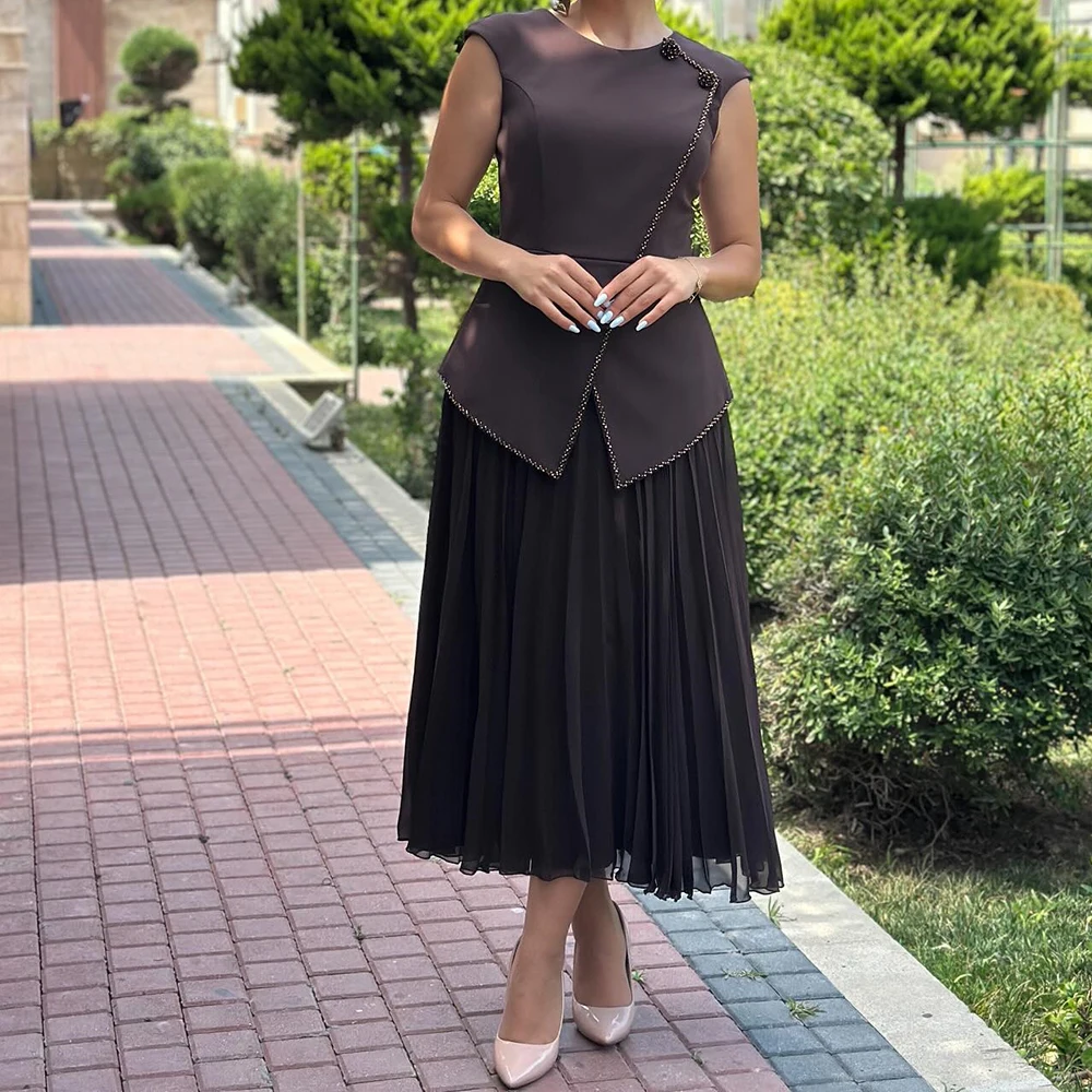 

Customized A-line Evening Dresses Tea-length O-neck Sleeveless Prom Gown Fashion Sequined Simple Draped Casual Party Gown