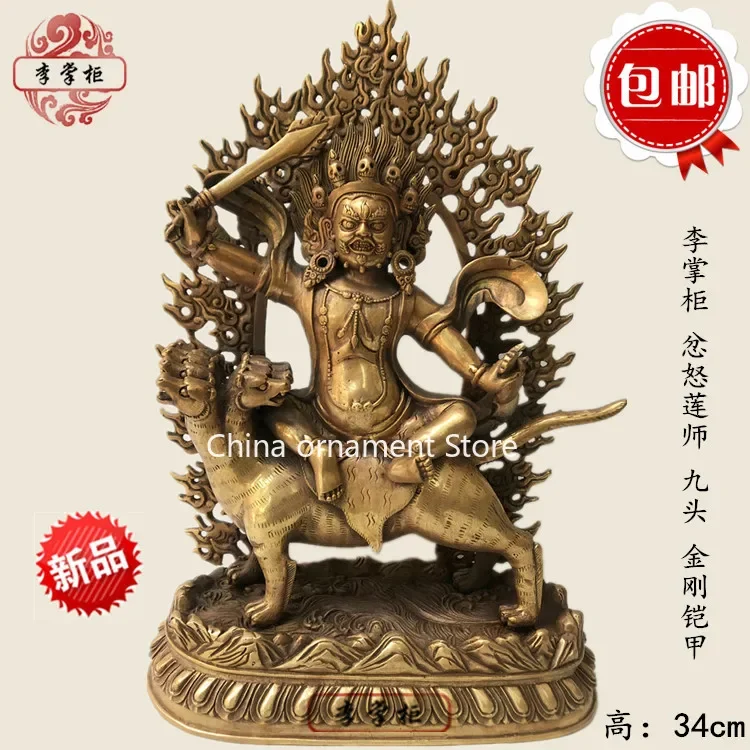 Tibetan Tantra Nepal, Pure Bronze Wrath Lotus Master Vajra Armor Buddha Statue, Large Nine-headed Iron Pig Protector Ornament