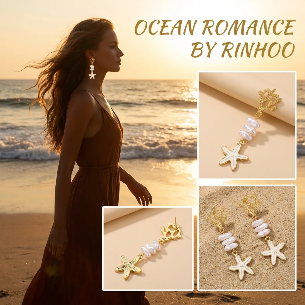 Goldfarbene Korallen-Seestern-Ohrhänger für Damen, trendige weiße Emaille, glänzende Imitationsperlen-Tropfenohrringe, hübscher Strandschmuck – Detail 7