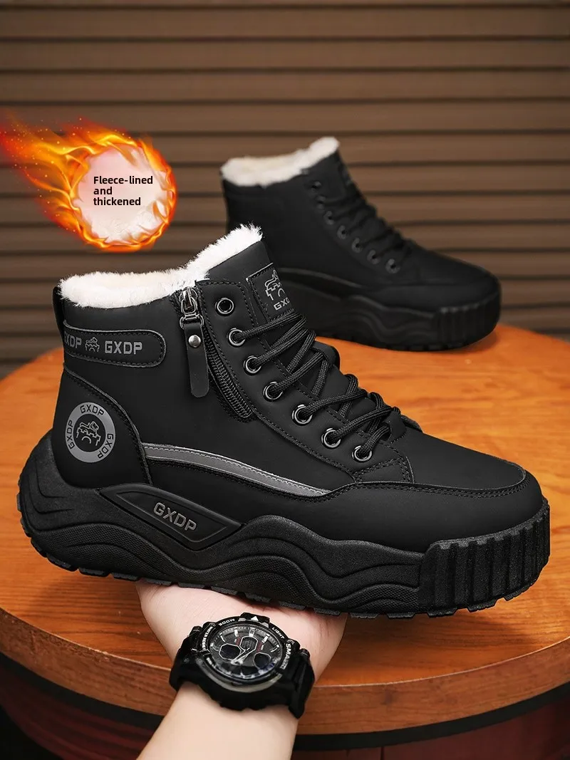 Warm Fleece Lined High Top Men's Boots Winter Outdoor Casual Anti Slip Snow Boots Black Cotton Shoes for Men Northeastern Sno...