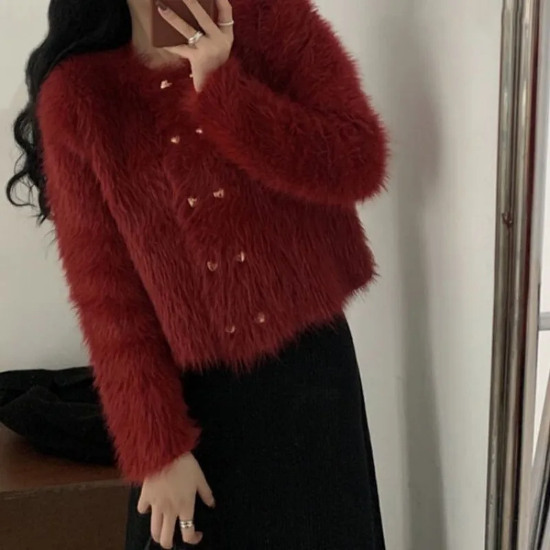 Double Breasted Button Knitted Cardigan Women Furry O-Neck Cardigan Female Long Sleeved Knitted Loose Cardigan Autumn Winter