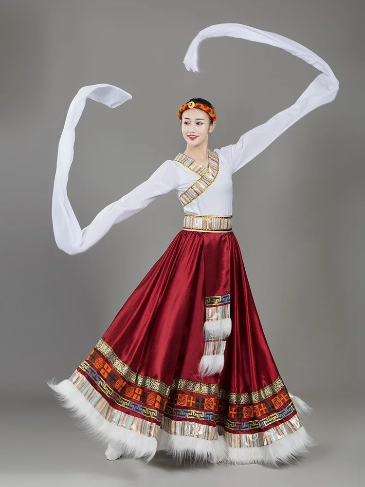 2022 Tibetan Dance Performance Costume Show Event Tibetan Tops Ethnic Dance Costume Practice Big Swing Skirt Tujia Ethnic