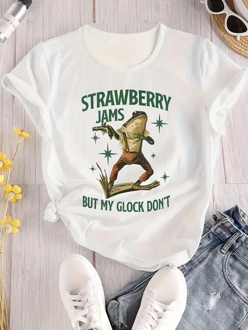 

Футболка с принтом лягушки, повседневный топ с коротким рукавом и круглым вырезом для лета и весны, женская одежда