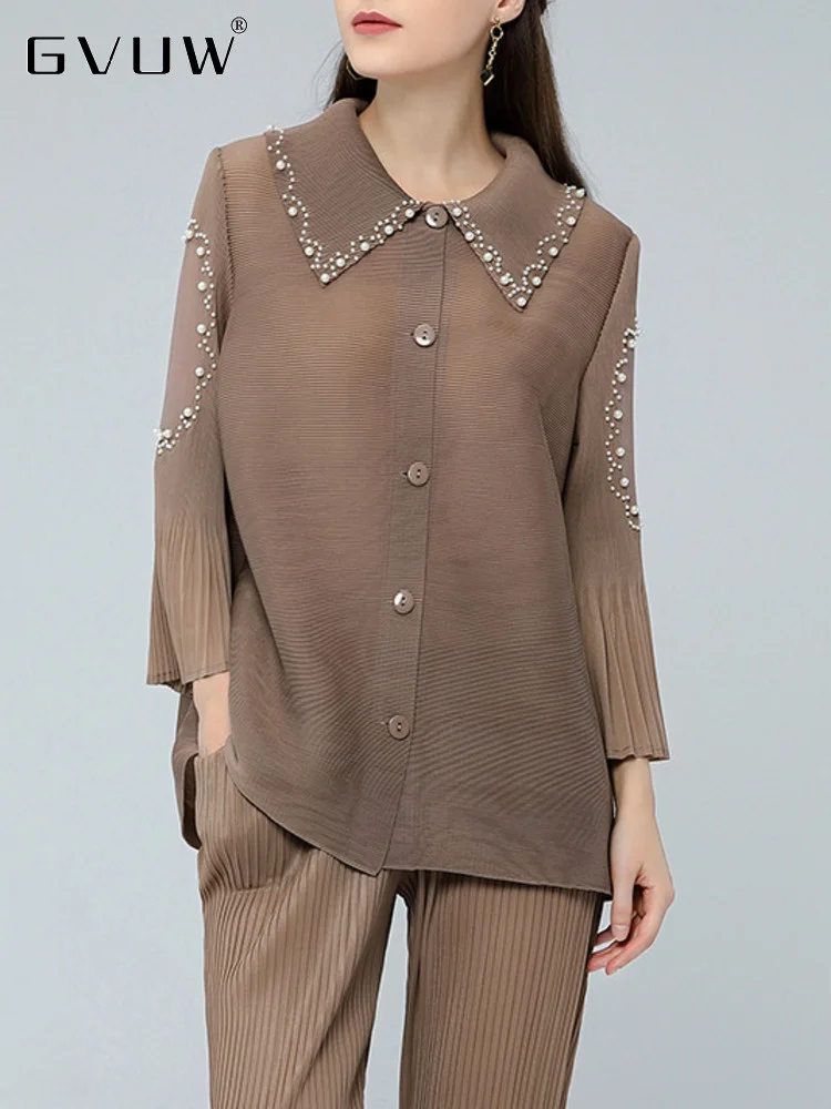 

Плиссированная блузка GVUW с бисером для женщин, с длинным рукавом, с отворотом, с одной бретелькой, осень 2023, женские модные брюки-карандаш, 2 предмета, 17G1936