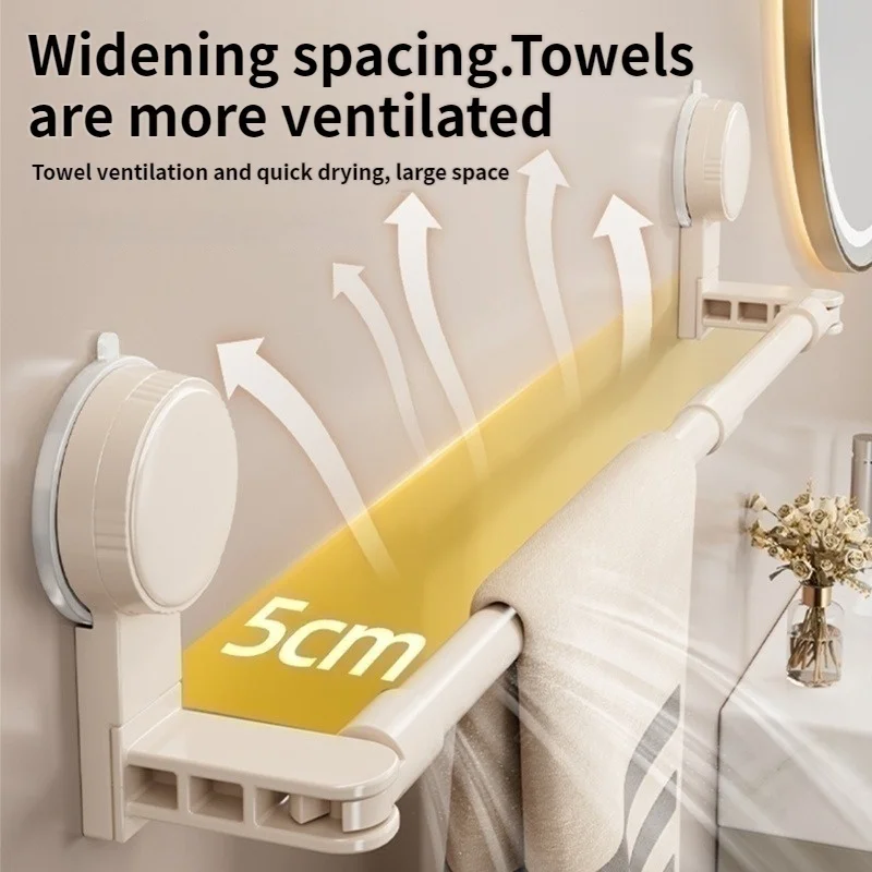 No Drill Suction Cup Extendable Rod Towel Rack Bathroom Storage Shelf Adjustable Shower Room Bath Towel Oganizer Hanger