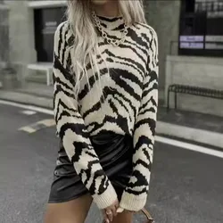 Women's sweater autumn and winter new sweater fashion half turtleneck long sleeve loose zebra pattern street trendy sweater