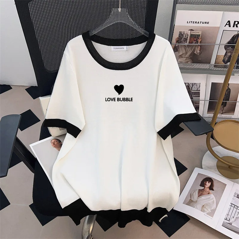 170Kg Plus Size Women's Bust 160 Summer Loose Ice Silk Knitted Top Short Sleeve O-Neck contrasting T-Shirt 5XL 6XL 7XL 8XL 9XL