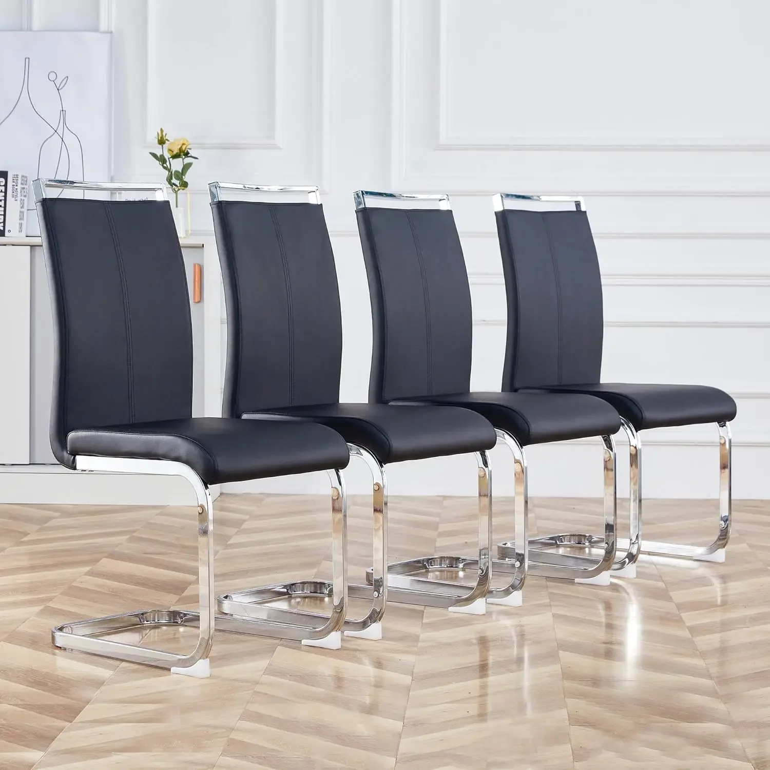 Modern Dining Chairs Set of 4,Black Cantilever Chair Armless Metal FrameSide Chairs with PU Leather Seat and Metal Legs HighBack