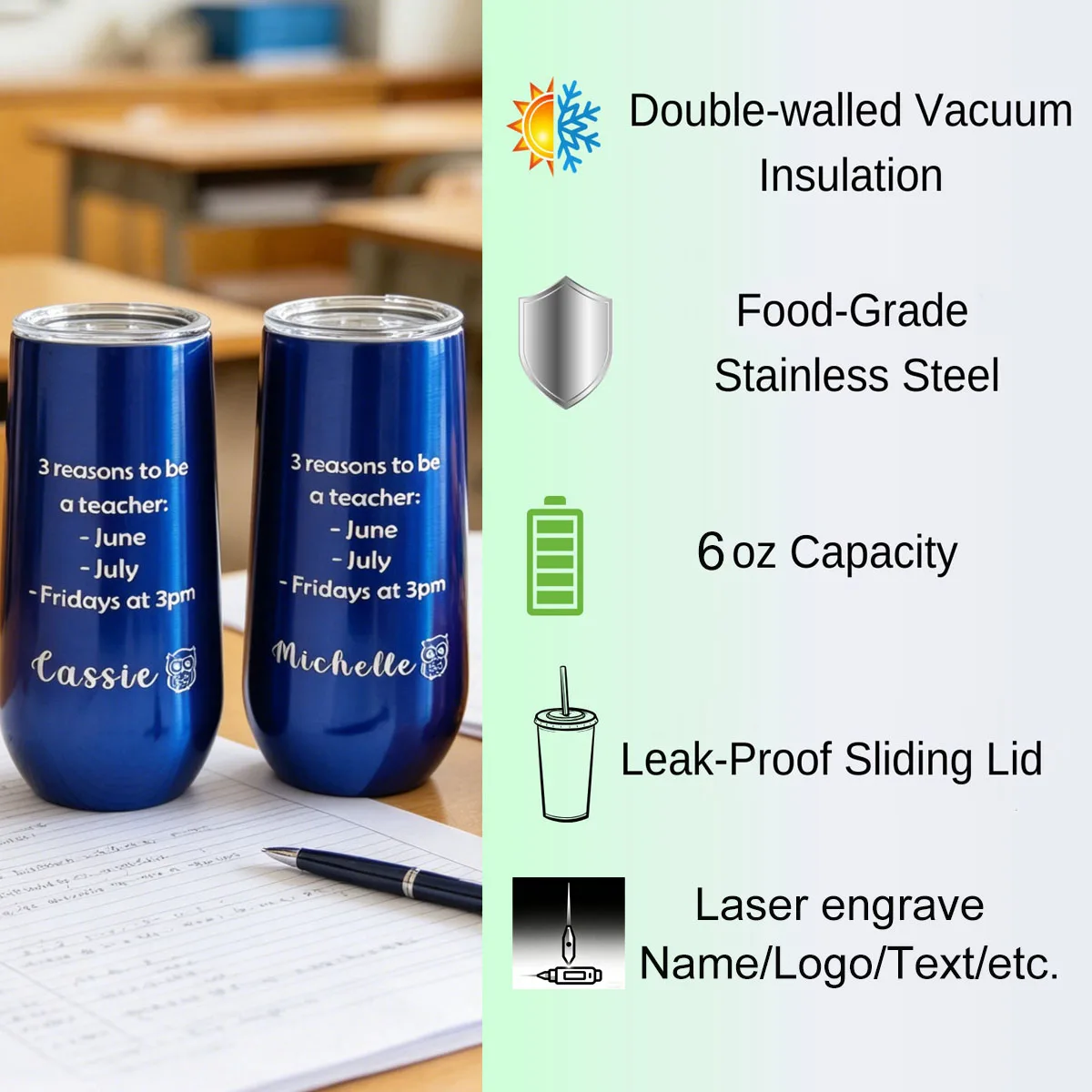Personalized Stemless Champagne Tumbler, 6 Oz Insulated Flute Tumbler, Double Insulated Unbreakable Glasses for Friends Birthday
