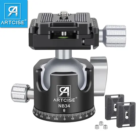 ARTCISE 28/34mm 볼 로우 프로파일 CNC 삼각대 헤드, Arca 스위스 퀵 릴리스 플레이트 2개, DSLR 카메라용 360 파노라마 볼 헤드