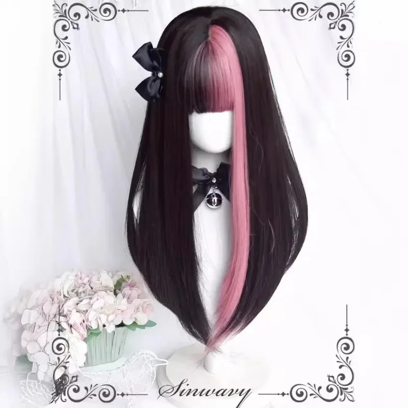 Lolita Cosplay Wig Highlights Hair Synthetic Long Straight Wig Cute Girl Anime Coser High Quality Heat Resistant Fiber Wig Party