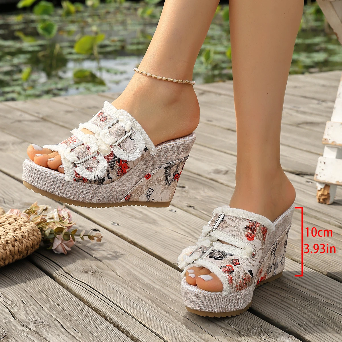 Women Summer Ethnic Style stamp tassel Double row needle buckle Platform slippers Fashion wedge heel Thick Sole Slip-On Sandals