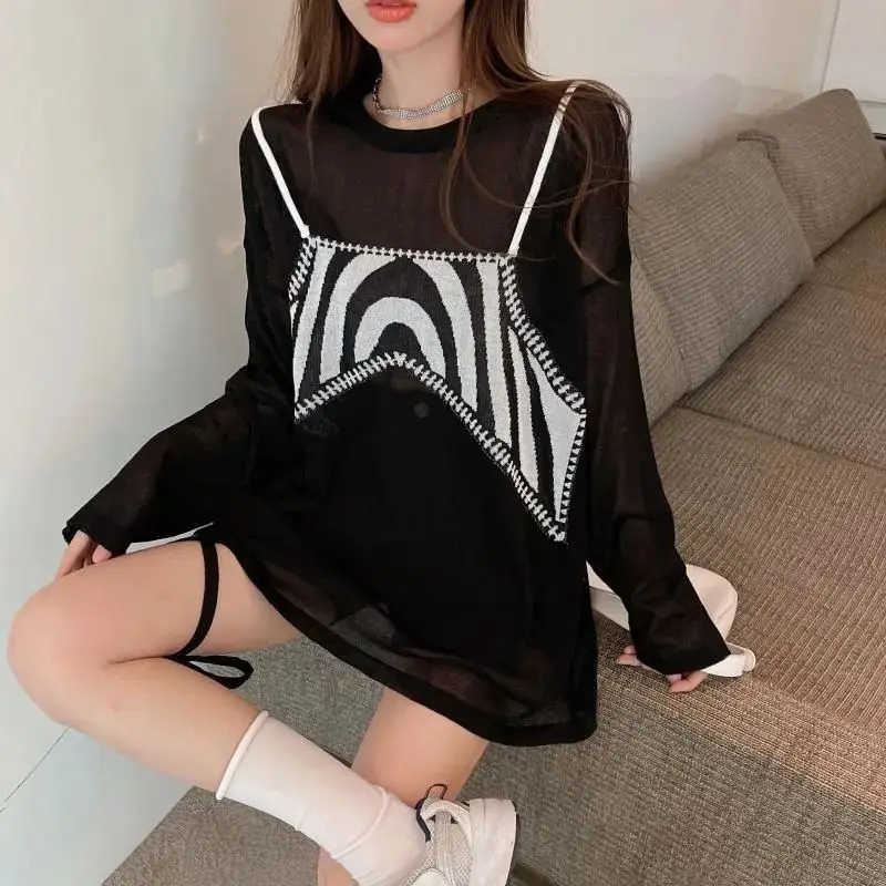 Large Size Sunscreen Shirt for Women with Fake Two-piece Long-sleeved T-shirt Loose and Slim Versatile Top