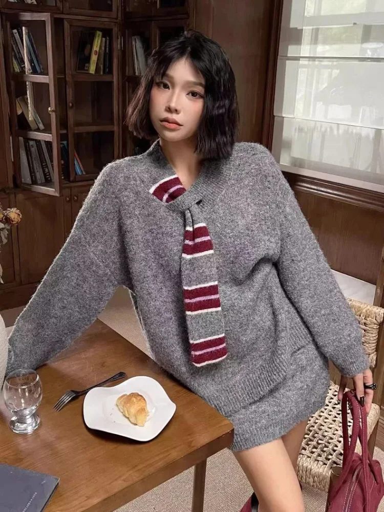 المرقعة فضفاض محبوك سترة Conjuntos المرأة عادية الكورية موضة مخطط مجموعات لينة تنورة قصيرة فضفاضة 2 قطعة مجموعة #5