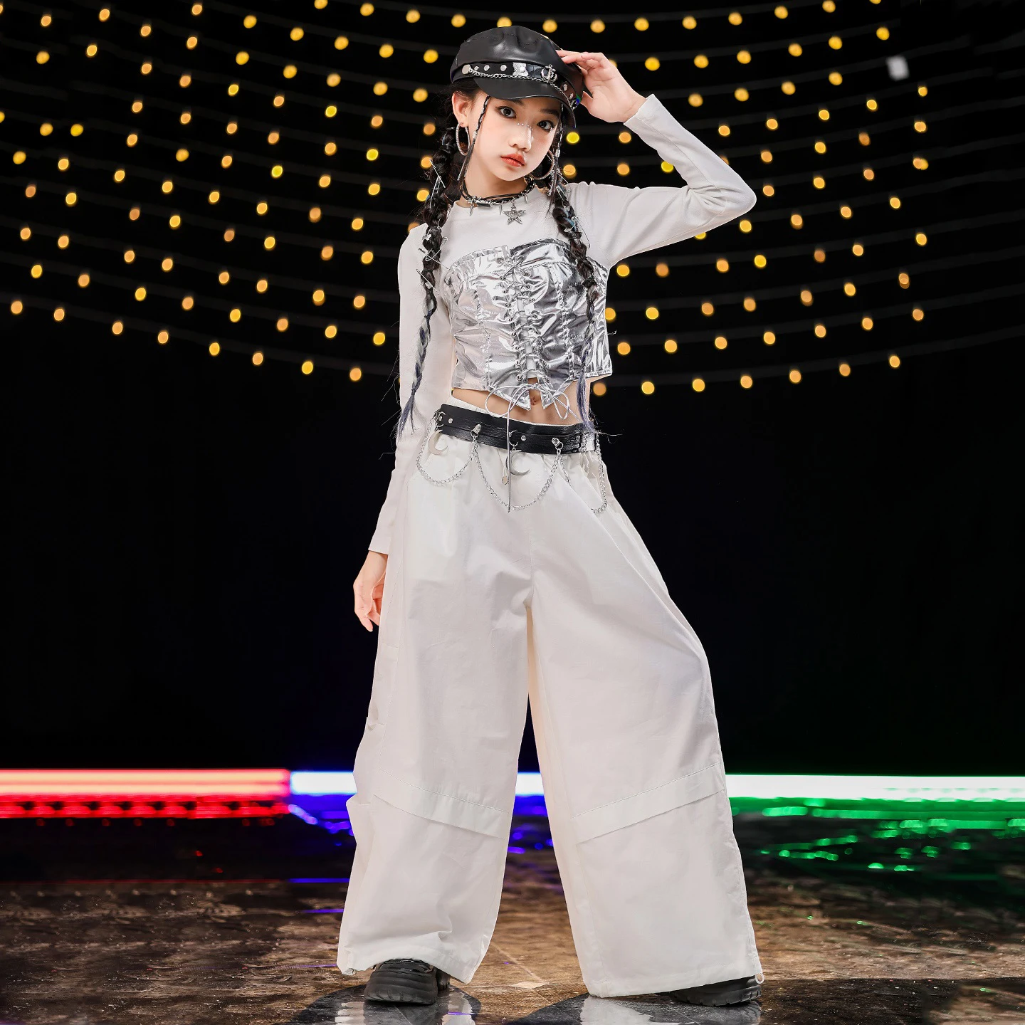 2025 Kinder Hip Hop Jazz Dance Kleidung Mädchen Lange Ärmel Tops Weiße Hosen Kpop Gruppe Leistung Kostüme Straße Tragen BL17647