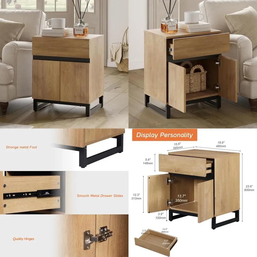 طاولة نهاية على طراز المزرعة الريفية مع درج وخزانة تخزين، تتميز ببابين مفتوحتين #1