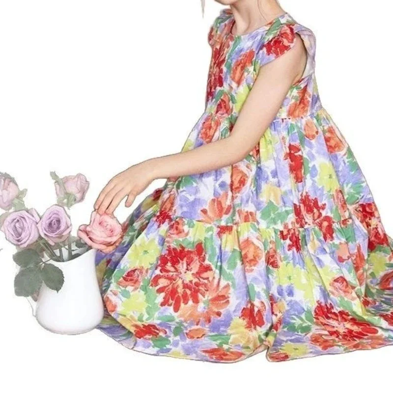 2025 Summer New Thin Small Flying Sleeve Oil Painting Floral Dress