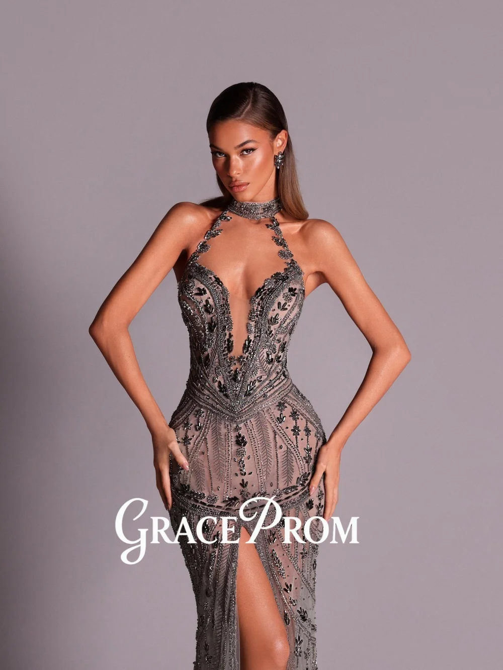 

GraceProm Silver Crystal Glamorous Halter Cutout Sheath Cocktail Dress Formal Short Length Party Gown Elegant Sparkly Women's