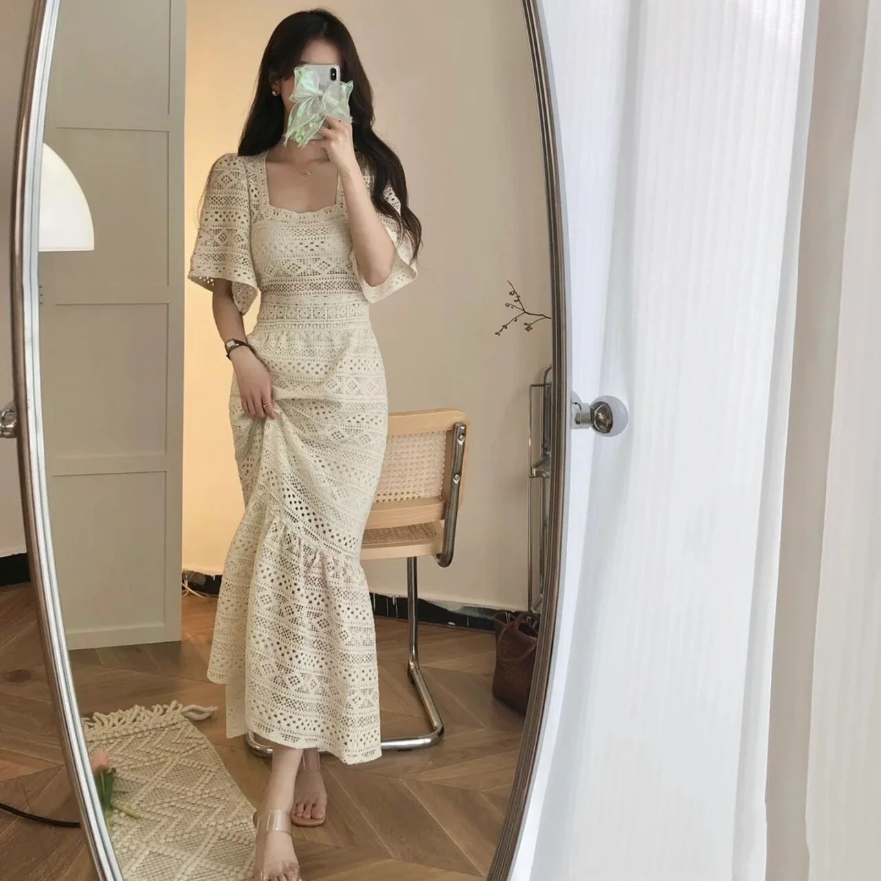 

2024 Women Summer New French Square Collar Lace Dress Female Hollow Out Long Dresses Ladies Solid Color Loose Vestidos X356