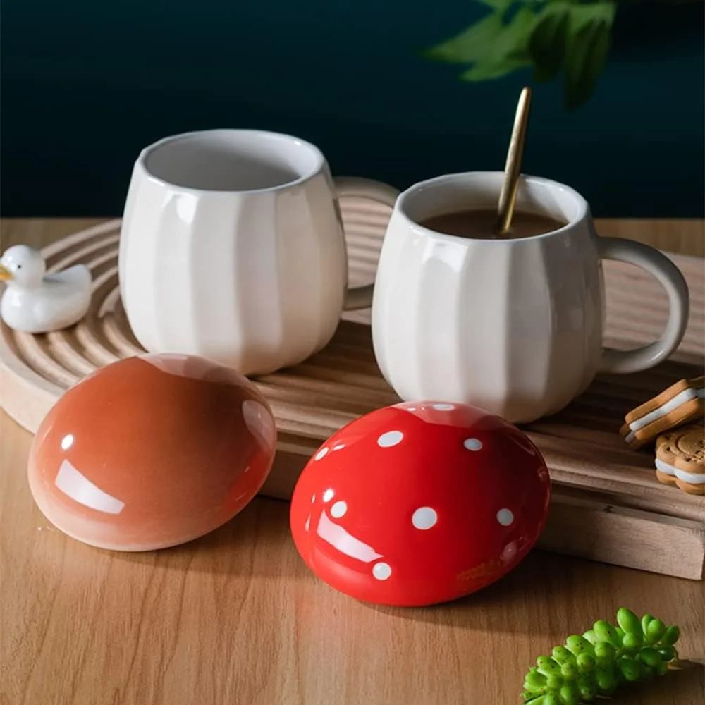 1pc 250ml Creative Red Mushroom Cup Mug with Lid Ceramic Coffee Cups Cute Water Drinking Milk Mug for Household and Office Gift