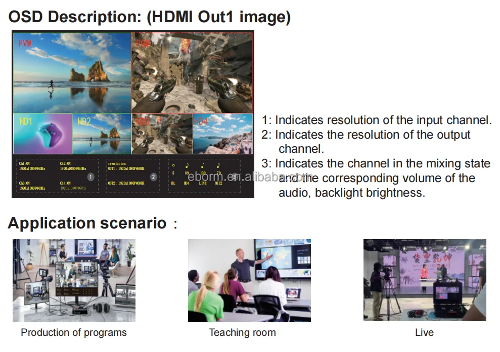 Comutador de Vídeo HDMI de 4 Canais com Tela de 5 Polegadas, Mixer de Microfone, Suporte para Captura de Vídeo Tipo C