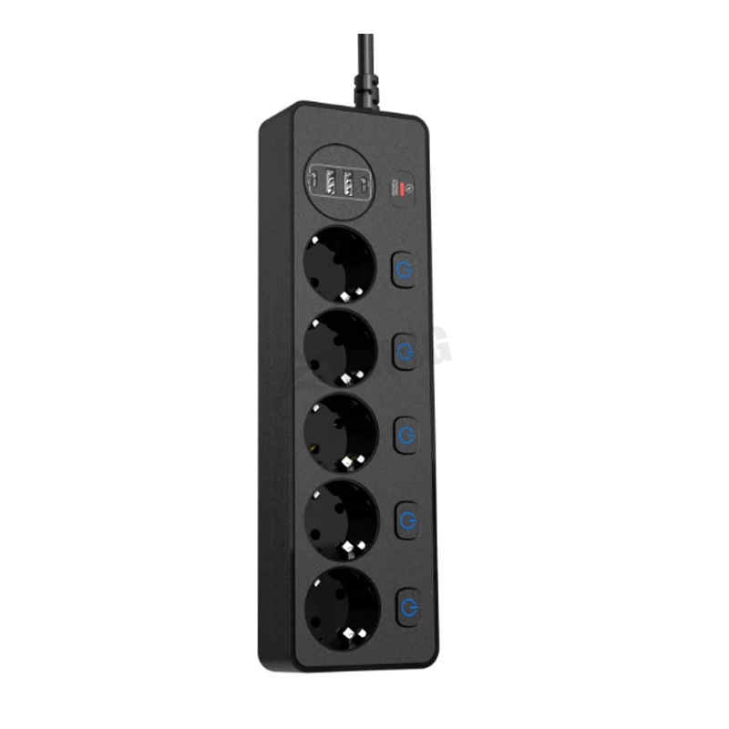 European Style Smart Power Strip with Multi USB Port Type-C 5 Outlets Socket with Overload Protection and Independent Switches