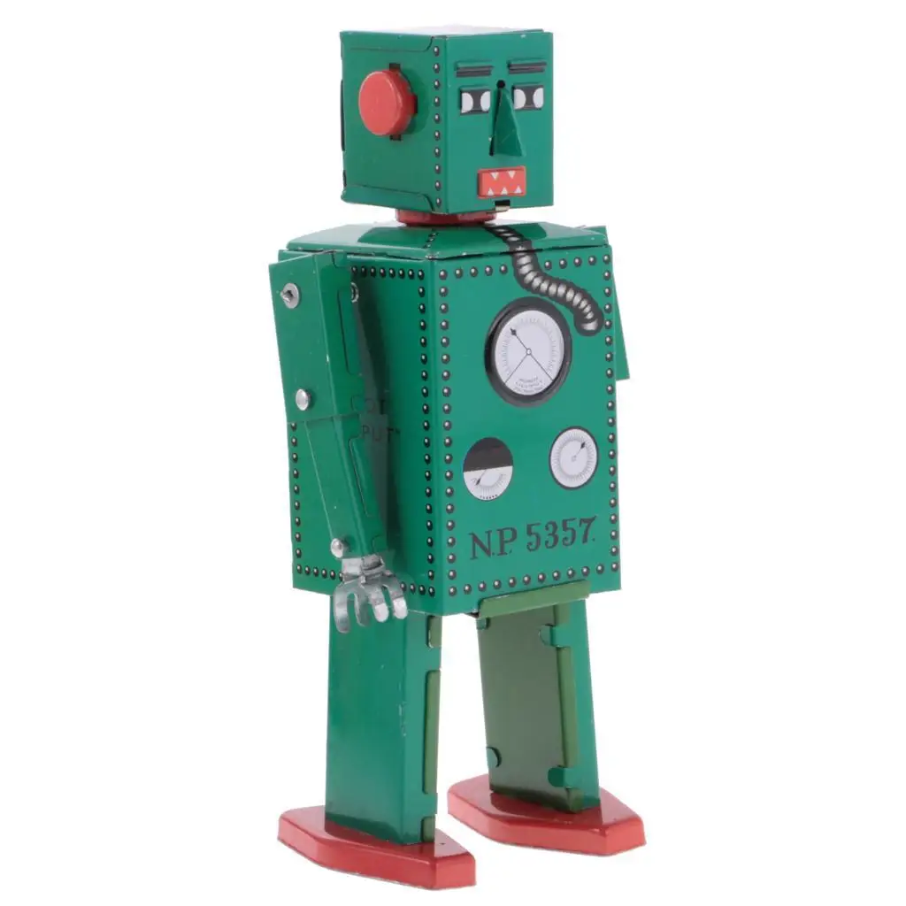 Retro Wind Up Clockwork Mechanical Walking Tin Lilliput Robot Green 16cm