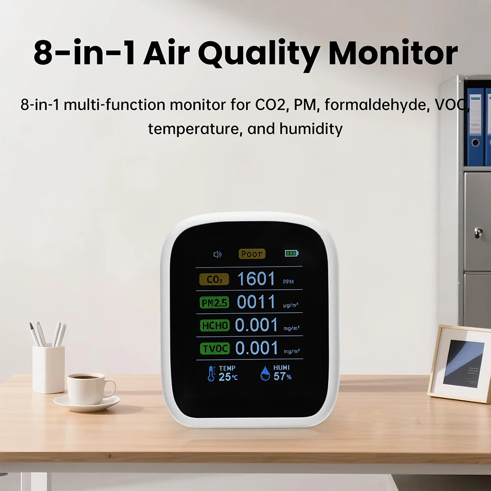 8-in-1-WIFI-Luftqualitätstester CO2 PM1.0 PM2.5 PM10 HCHO TVOC Temperatur- und Feuchtigkeitserkennung APP-Steuerung Infrarotsensor – Detail 3